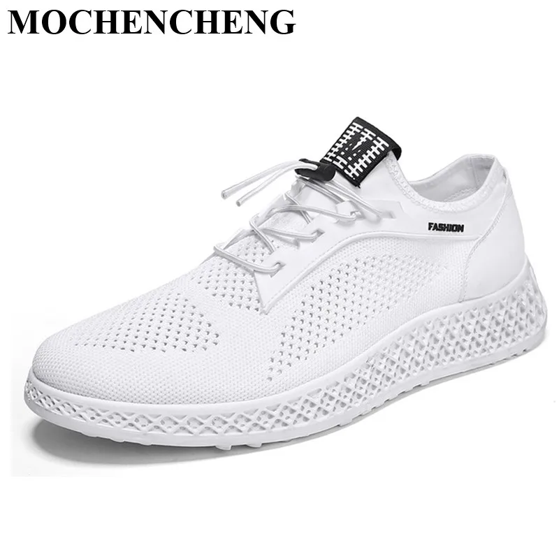 New Casual Shoes Men for Summer Breathable Mesh Sneakers with Elastic Band Solid White Trend High Quality Soft Wear Resistant | Обувь