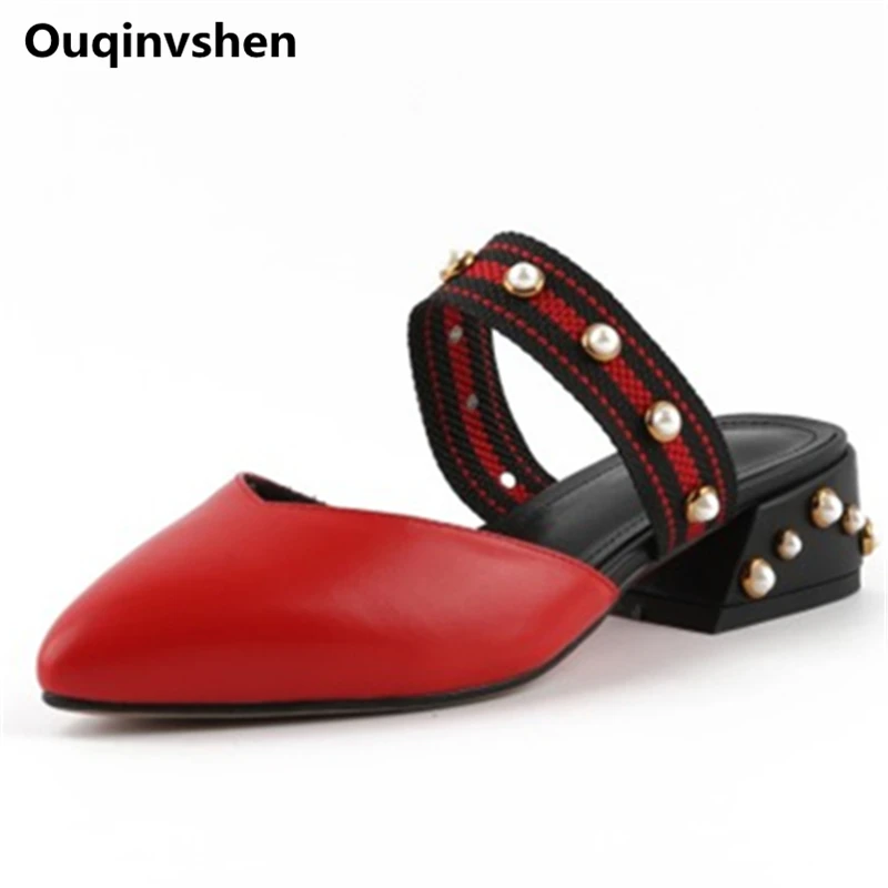 

Ouqinvshen String Bead Slippers Women Pointed Toe Plus Size 33-40 Genuine Leather Square Heel Summer Shoes Fashion Mules Shoes