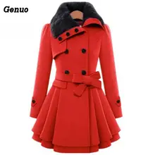 Genuo для женщин воротник с лацканами средней длины куртки женские утепленные осень зима сплошной цвет элегантный двубортный мех шерстяные пальто
