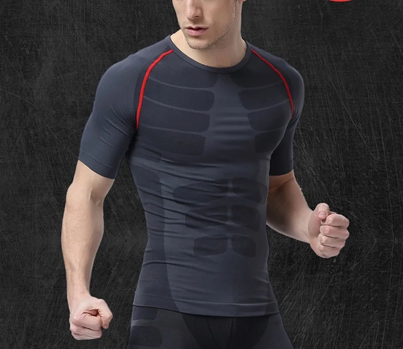 Quick drying sports fitness T shirt male body shaping running tight ...