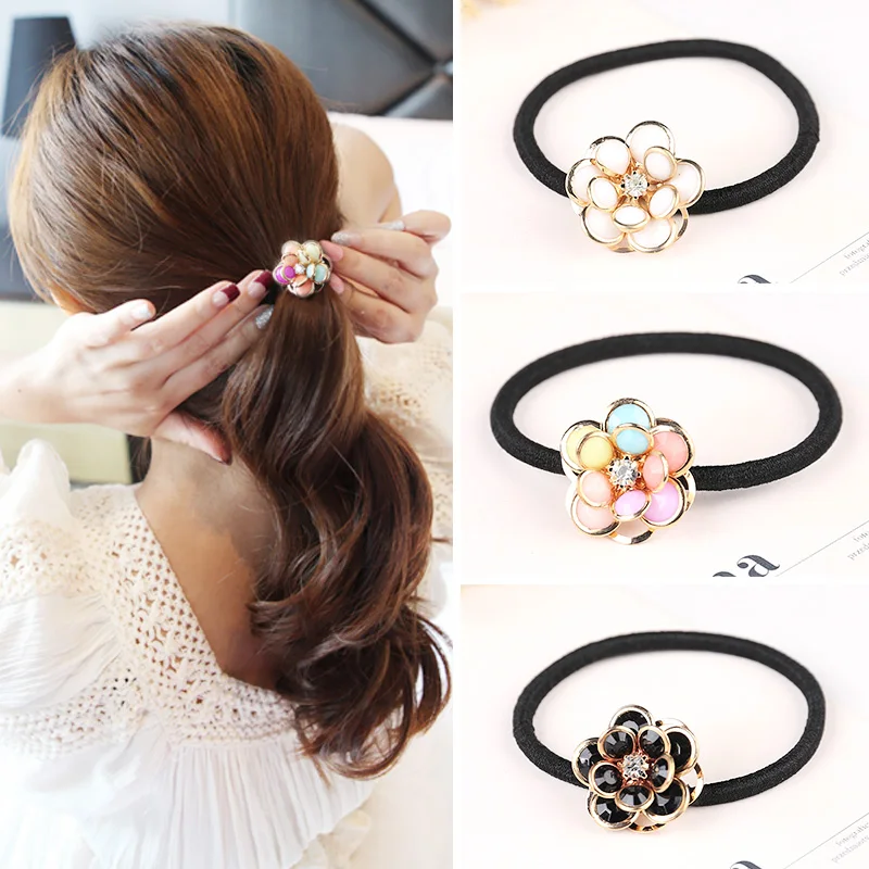

Women Flower Hair Ties Hair Accessories Rhinestone scrunchy Rubber Headband Female Ponytail Gum for Hair Elastic Band