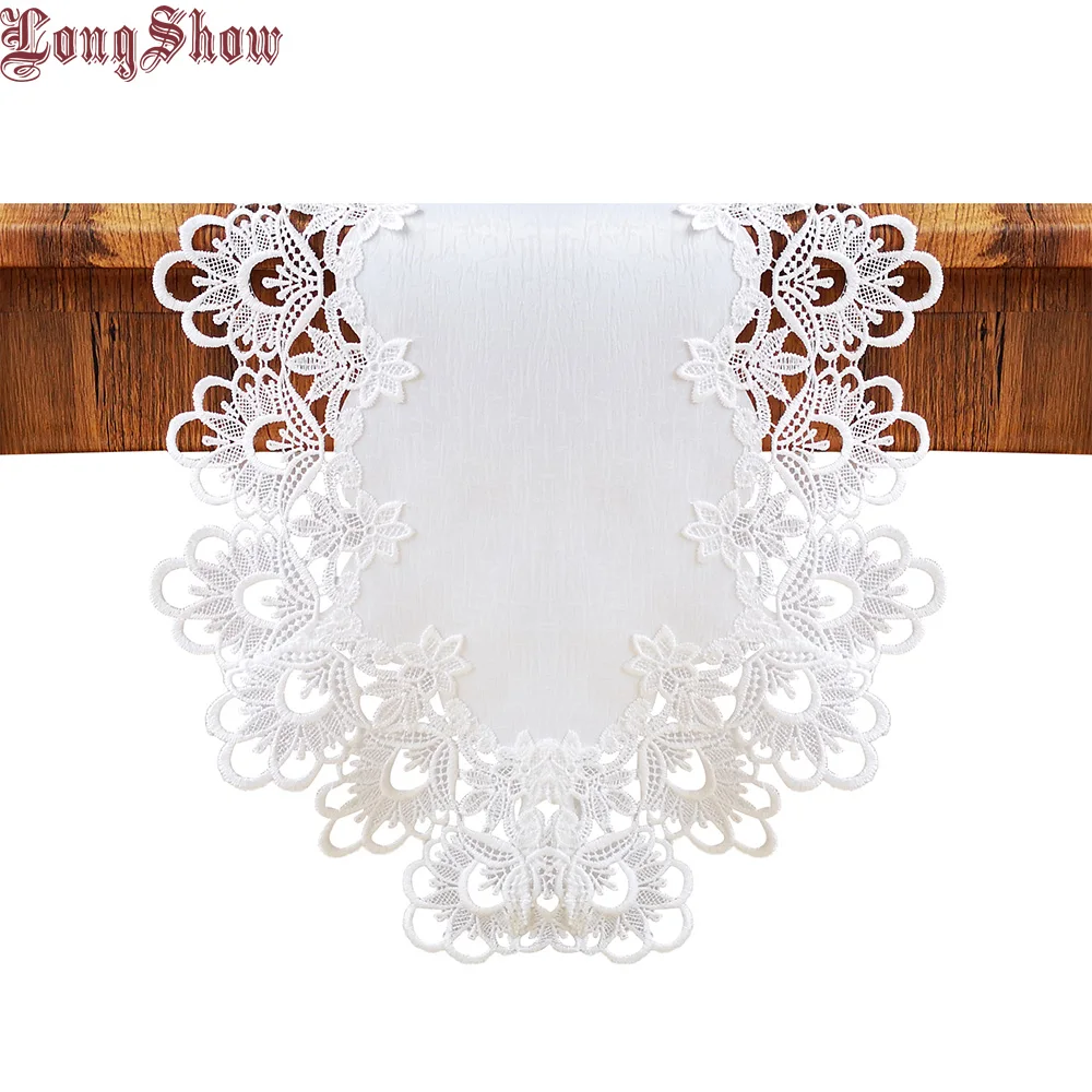 

Luxury Embroidered Lace Trim White Color Slubbed Cloth Floral Style Table Runner