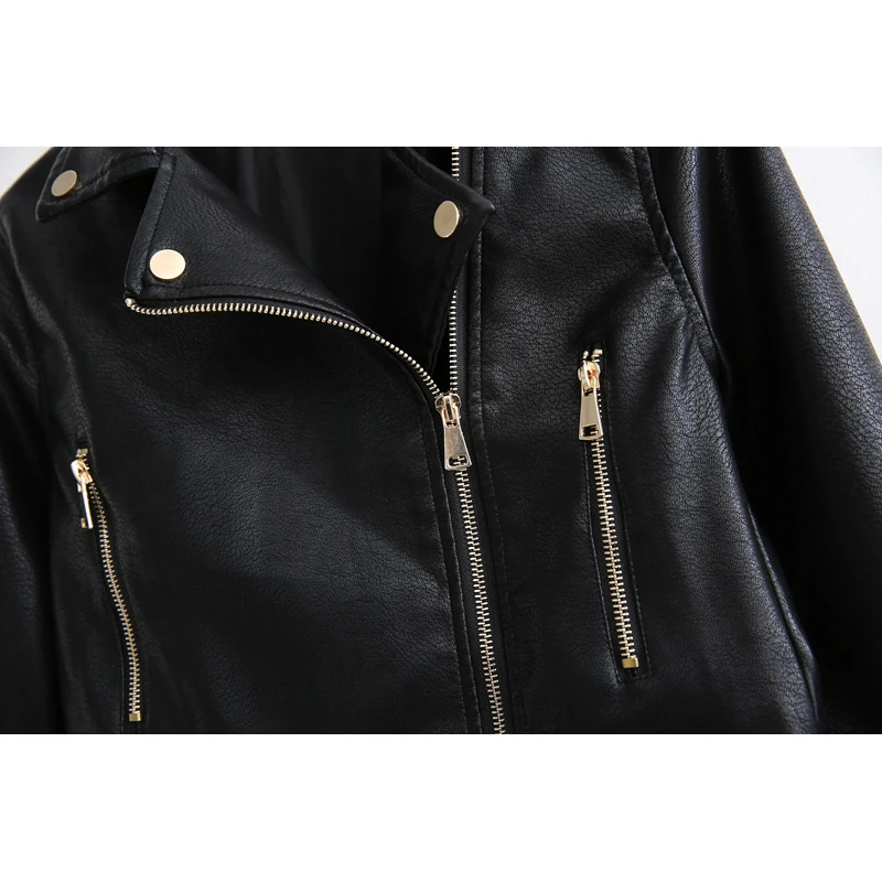 Черная мотоциклетная Женская кожаная куртка Весна PU байкерские куртки с заклепками на молнии с длинным рукавом укороченный Топ Пальто Повседневная Casaco Femme