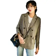 Женские блейзеры, весна-осень, корейский винтажный Британский двубортный серый клетчатый пиджак для девочек Z275