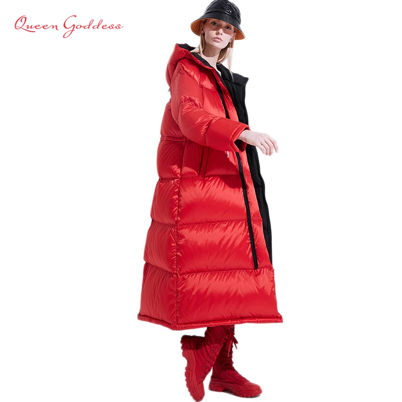 

Winter Hot Sell Womens Down Jacket X-Long Thick Warm 90% White Duck Coat Plus Size Female Outwear Hooded Parkas