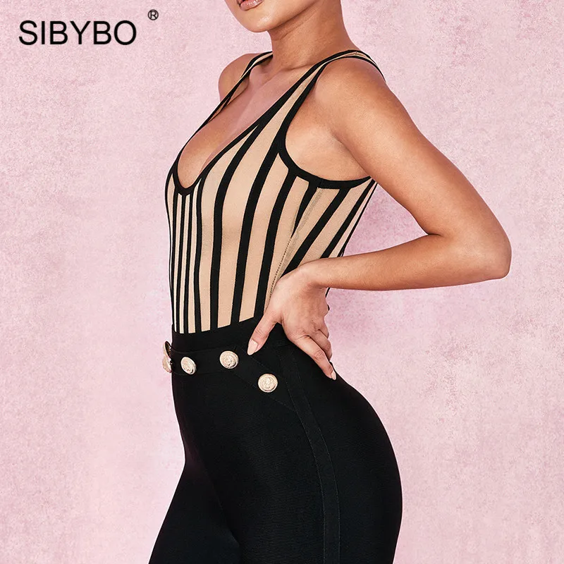 Sibybo Striped Print Skinny Summer Bodysuit Women Sleeveless O-Neck Sexy Romper Women Beach Casual Ladies Bodysuit Jumpsuit