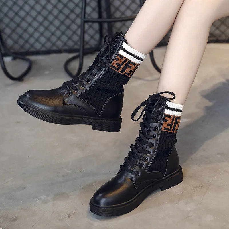 

New women mid calf motorcycle boots lace up round toe autumn winter boot shoes girls patchwork black fashion female Socks boots