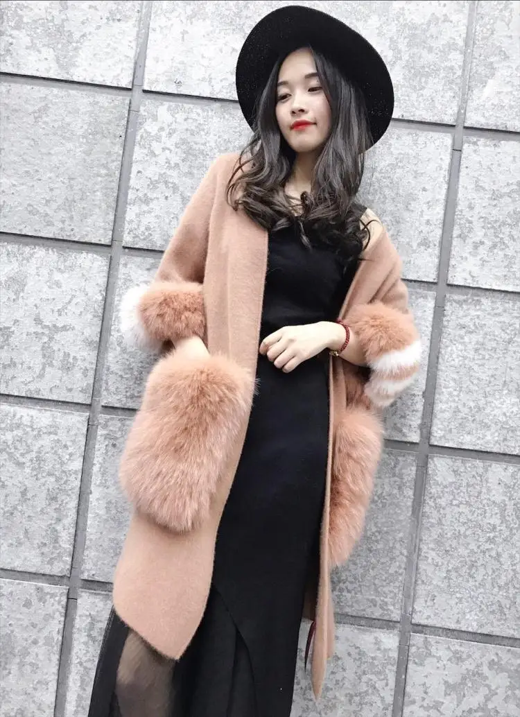 

New knitted women mink cashmere sweater with big fox fur pocket colorfull fox fur cuff female fashion cardigans S608