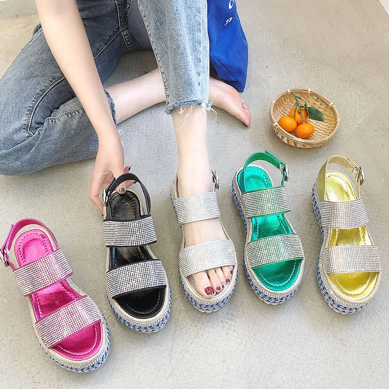 

flower shoes women sandals summer zomer schoenen soulier femme Solid Buckle Med Pure colour belt fastener wedges Crystal