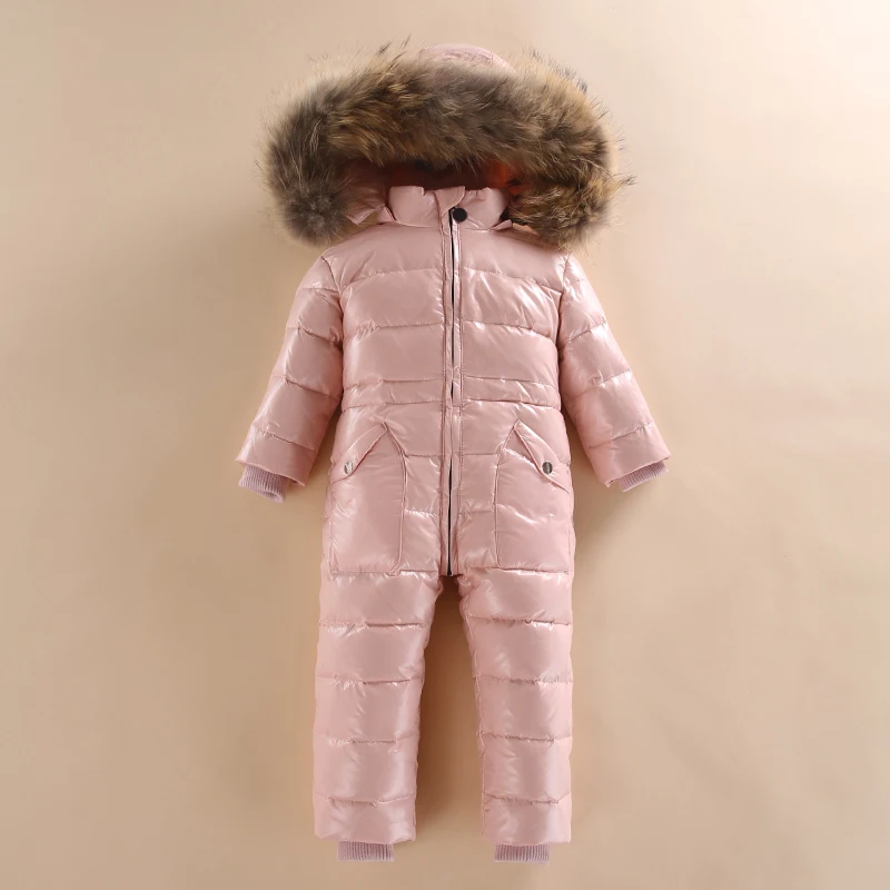 NAET cher/однотонный зимний комбинезон для мальчиков; ветронепроницаемый костюм с капюшоном для девочек; модная зимняя одежда с мехом для маленьких девочек; зимний комбинезон; теплый Пуховый комбинезон - Цвет: pink