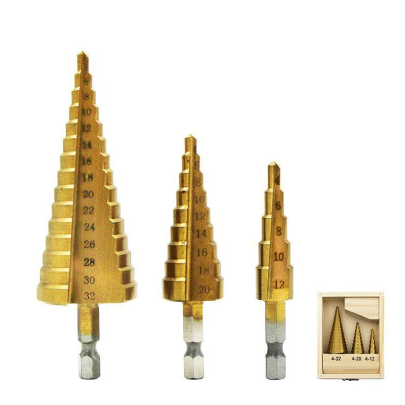 

3Pcs Metric Spiral Flute Step HSS Steel 4241 Cone Titanium Coated Drill Bits Tool Set Hole Cutter 4-12/ 20/ 32mm