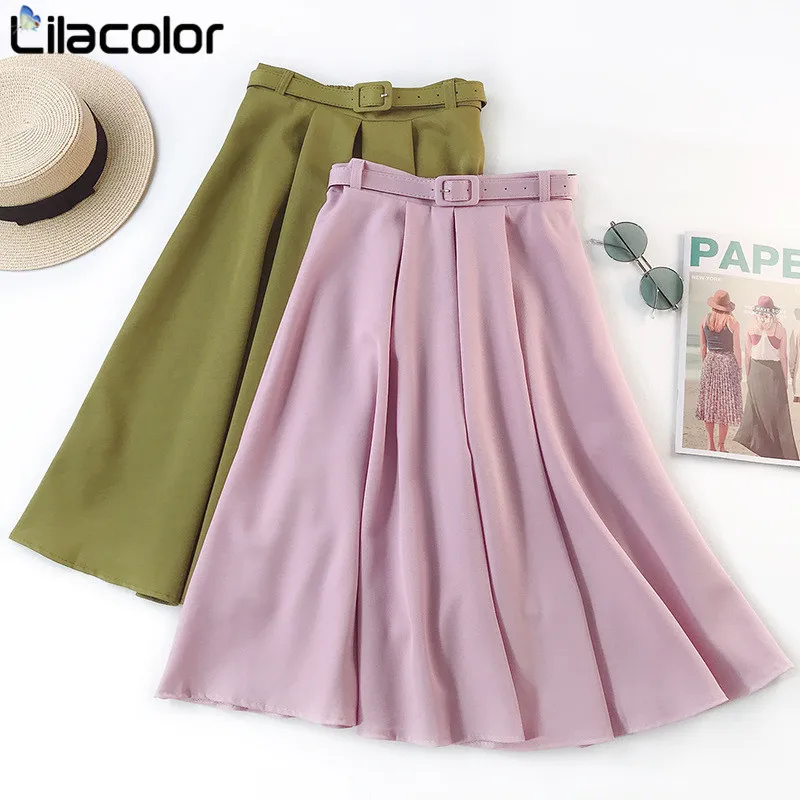 

Chiffon Solid Pink Women Skirts 2019 Spring Summer Pleated Belt A Line Army Green Long Office Lady Skirts High Waist Girls Skirt