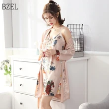 BZEL, весна-лето, женские пижамные комплекты, цветочный принт, однотонная Пижама, платье, женская ночная рубашка, Женский костюм из двух частей