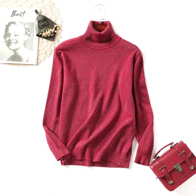 Женский свитер с высоким воротом, блестящие вязаные шерстяные пуловеры, водолазка, теплые модные женские топы с длинным рукавом, Свободный Повседневный базовый свитер - Цвет: red