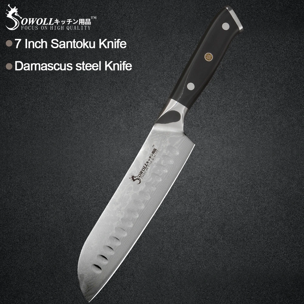 Sowoll 7 дюймов нож Santoku Дамасская сталь острое лезвие Нескользящая ручка фрукты