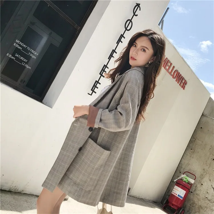 

Vintage Loose Plaid Suit Woman Autumn Classic Lattice Long Suit Big Pocket Coat Female Casual Blazer Jacket Fashion Tops