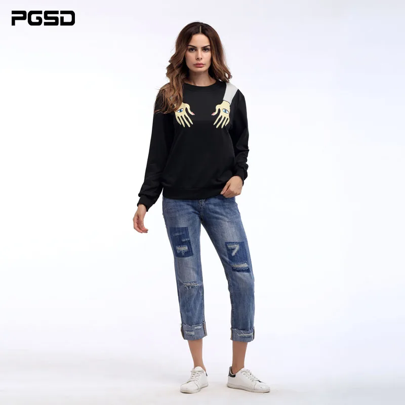 PGSD Simple Fashion Women Clothes Eyes Arms Personality Printing O-necked long sleeved loose Black Sweatshirt Pullovers female PGSD Simple Fashion Women Clothes Eyes Arms Personality Printing O-necked long sleeved loose Black Sweatshirt Pullovers female