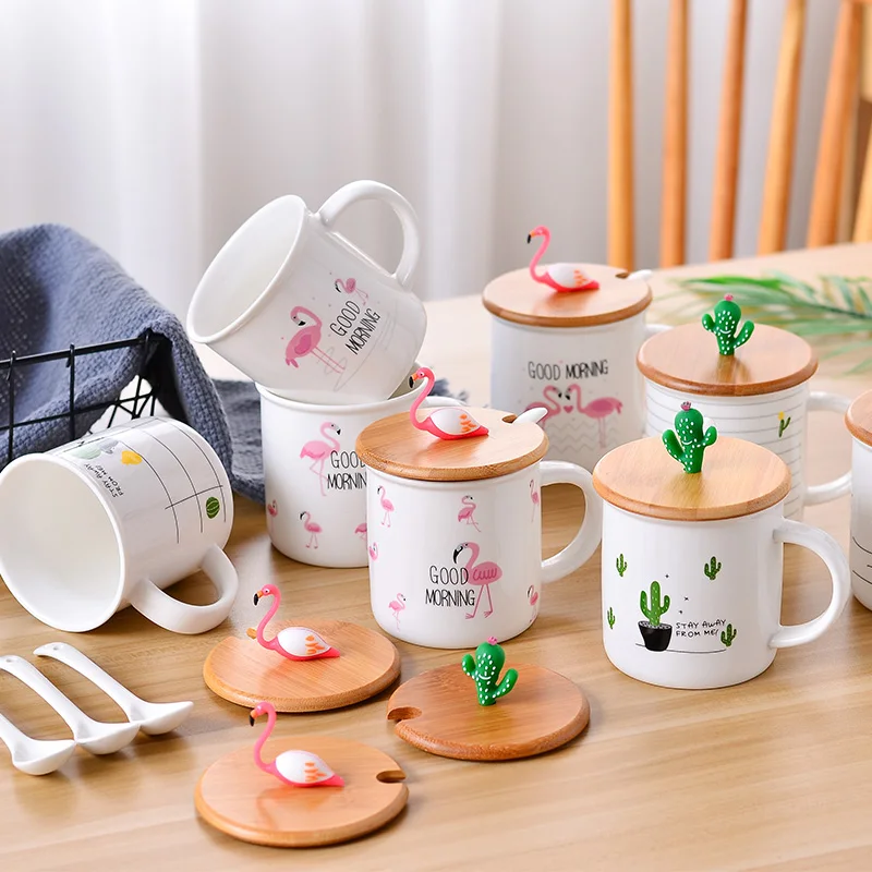 

Creative Country Style Cactus Ceramic Cups Plants Wooden Covers Spoons Cups Students Household Coffee Milk Mugs Random Pattern