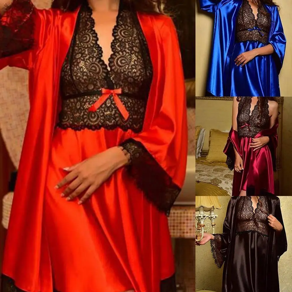 

Sexy Lingerie Women Silk Lace Deep V-neck Robe Dress Babydoll Nightdress Nightgown Sleepwear Solid Soft Sleepshirts