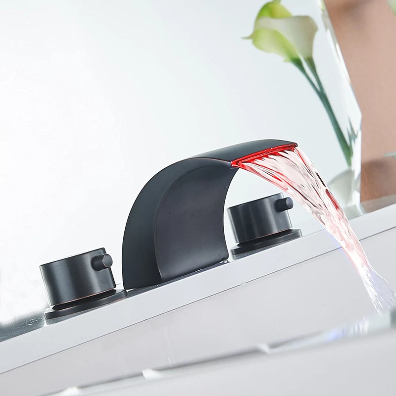 

Black Brozne LED Light Waterfall Basin Faucet Widespread Tub Sink Mixer Taps Washing Basin Mixer Tap Dual Handle Hot Cold Tap