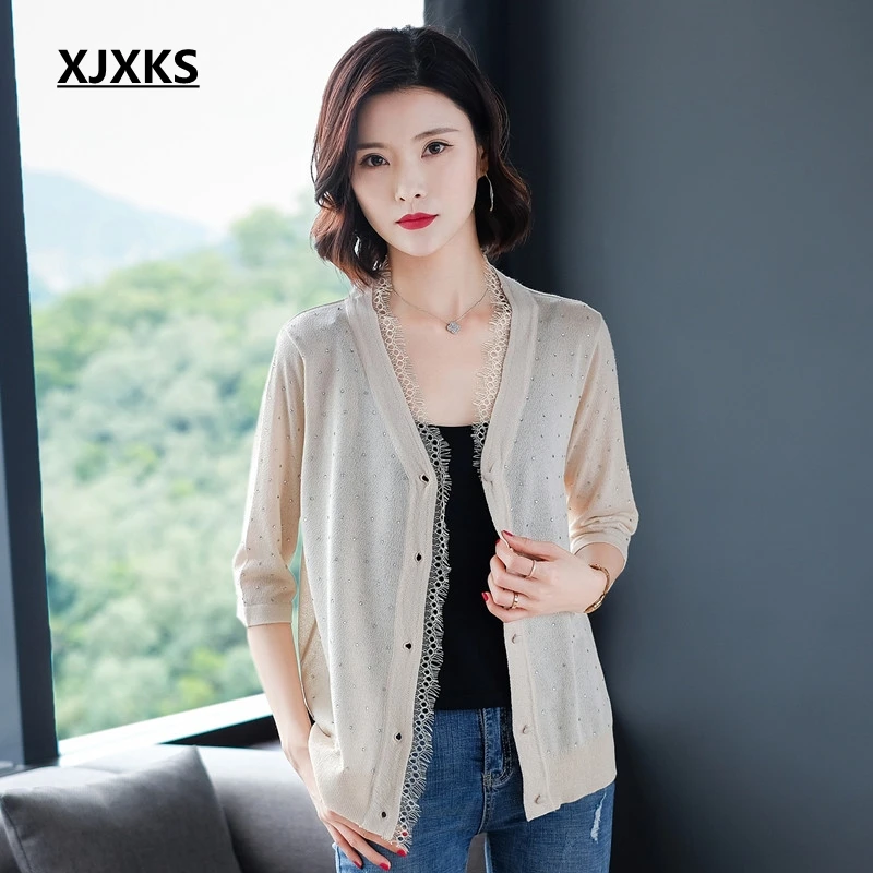 

XJXKS New 2019 Summer Sun Protection Clothing Women's Cardigan Fashion V-neck Comfortable Thin Knitted Women Sweater Cardigans