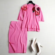 2018 new brand runway women sprint summer 2 piece skirt suits loose plus size knit shirt and package hip mini skirts