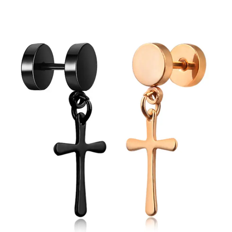 Dumbbell Cross Dangle Earrings Stainless Steel Cool Men Punk Rock Bike