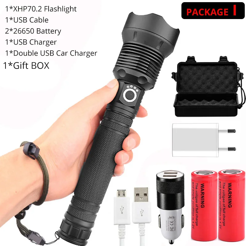 Details about   350000Lumen XHP70 XHP50 USB Rechargeable Flashlight Zoom Torch 26650 lamp lights 