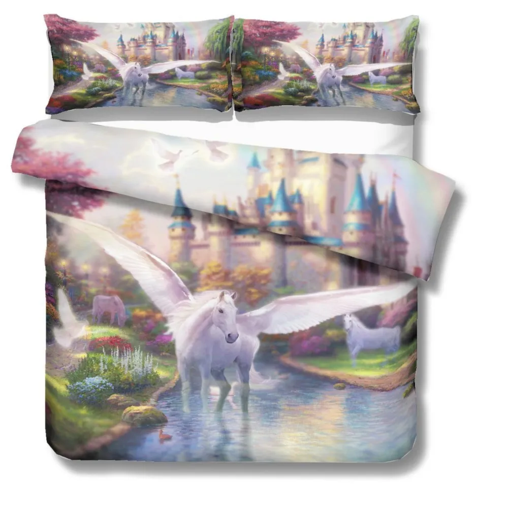 

New Drop Shipping 3D Digital Printing Watercolor Hand Drawn castle Sleeping Rainbow Unicorn Bedding Set 100% Microfiber Pink
