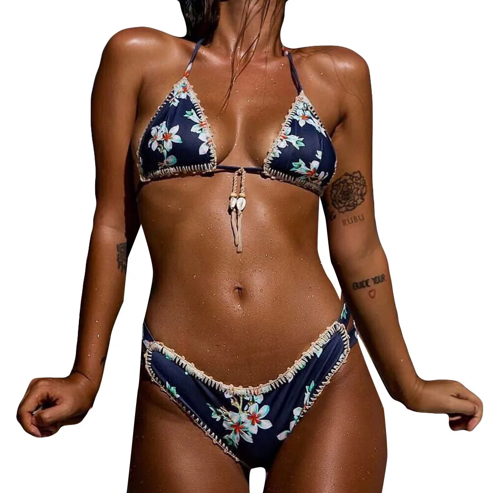 

Women Print Push-Up Padded Bra Beach Brief Set Sexy Brief Suit Solid Brazilian Rhinestone