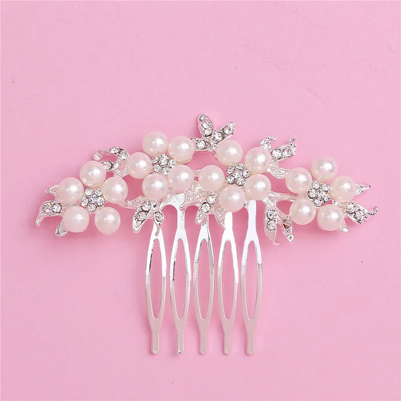 Silver Handmade Simulated Pearl Rhinestone Bride Hair Combs Head