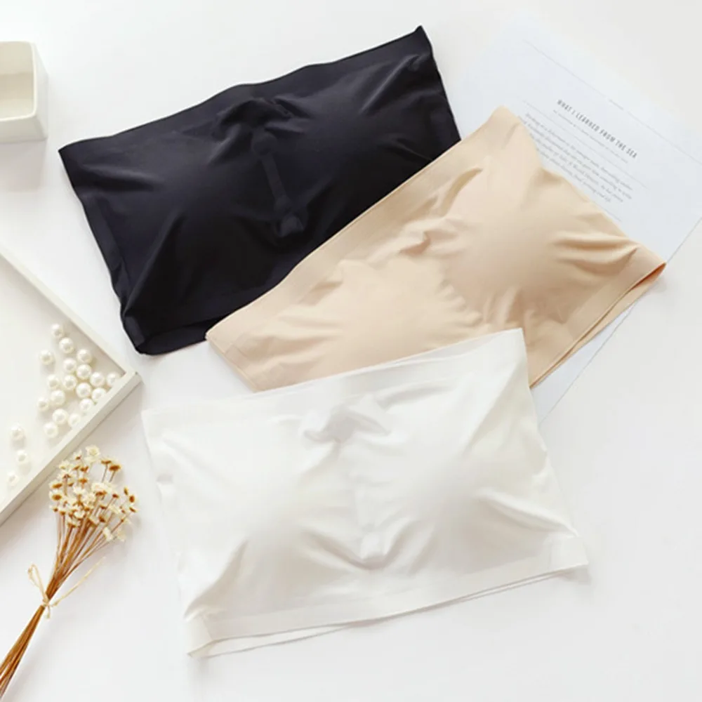 2018 Fashion Sexy Strapless Removable Pads Tube Tops Lady Invisible Seamless Silk Underwear Women Solid Color Basic Crop Top