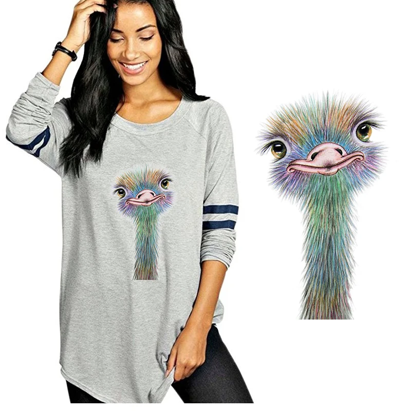 

Ostrich Iron on Heat Transfer Printing Patches Sticker for Clothes T-shirt DIY Appliques A-level Washable Animal Patch Wholesale