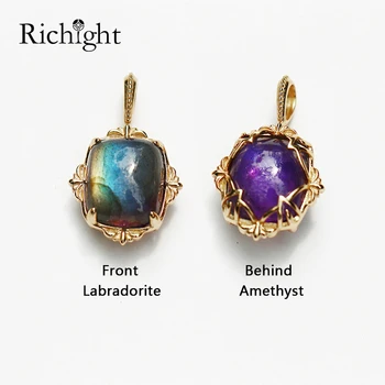 

Retro Rhombus Natural Labradorite and Amethyst Double-sided Gemstone Necklace Pendants 14K Gold in Solid Silver Pendant Necklace