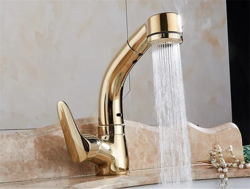 MOIIO Golden sink Faucet Height Adjustable Pull Out Bathroom Faucet with Multifunction 360 Degree Rotation HOT and Cold Tap MOIIO Golden sink Faucet Height Adjustable Pull Out Bathroom Faucet with Multifunction 360 Degree Rotation HOT and Cold Tap