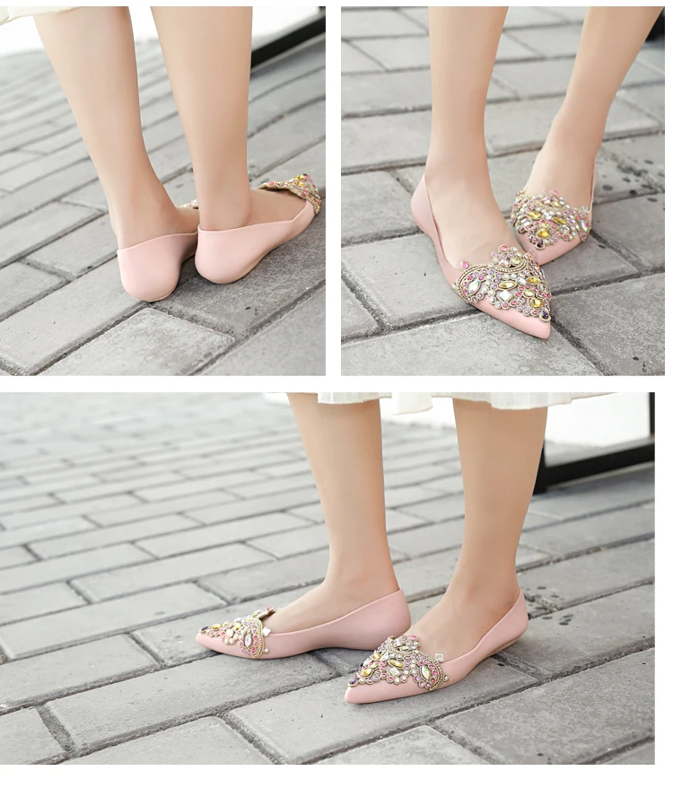 Women's Soft Rhinestones Crystal Pointed Toe Flat Sexy Loafers Sandals Jelly Candy Colors Casual Party Shoes Summer A1090