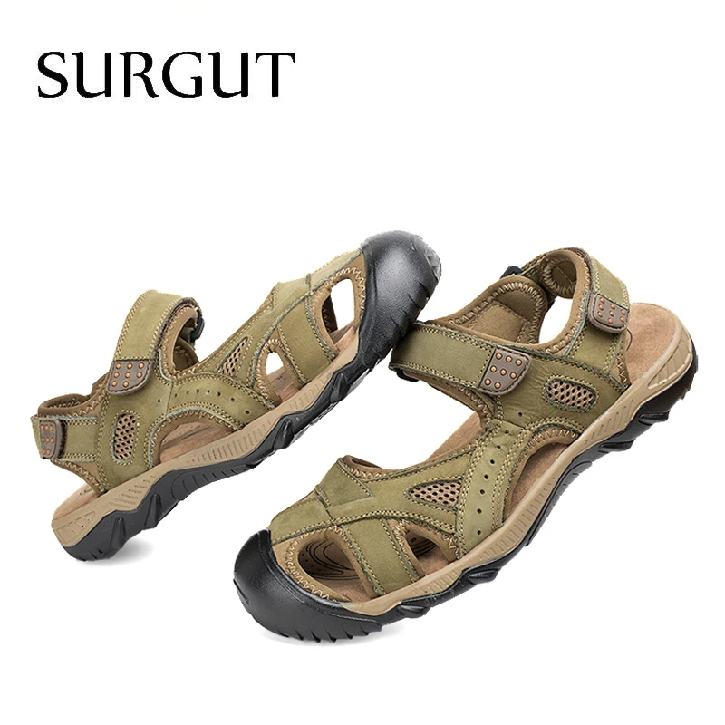 Мужские прогулочные пляжные сандалии SURGUT, повседневные босоножки армейского зеленого цвета, тапки из настоящей кожи, обувь больших размеров 39-47 для лета