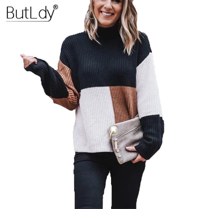 Color Block Patchwork Casual Sweater Women Knitting Pullover Long Sleeve Chic Knitwear Tops Winter Fashion 2018 Jumpers Ladies | Женская
