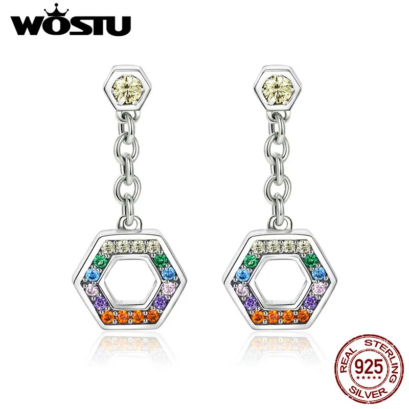 

WOSTU High Quality 925 Sterling Silver Multi-Color CZ Hexagon Drop Earrings For Women Brand Original Earring Jewelry Gift CQE454