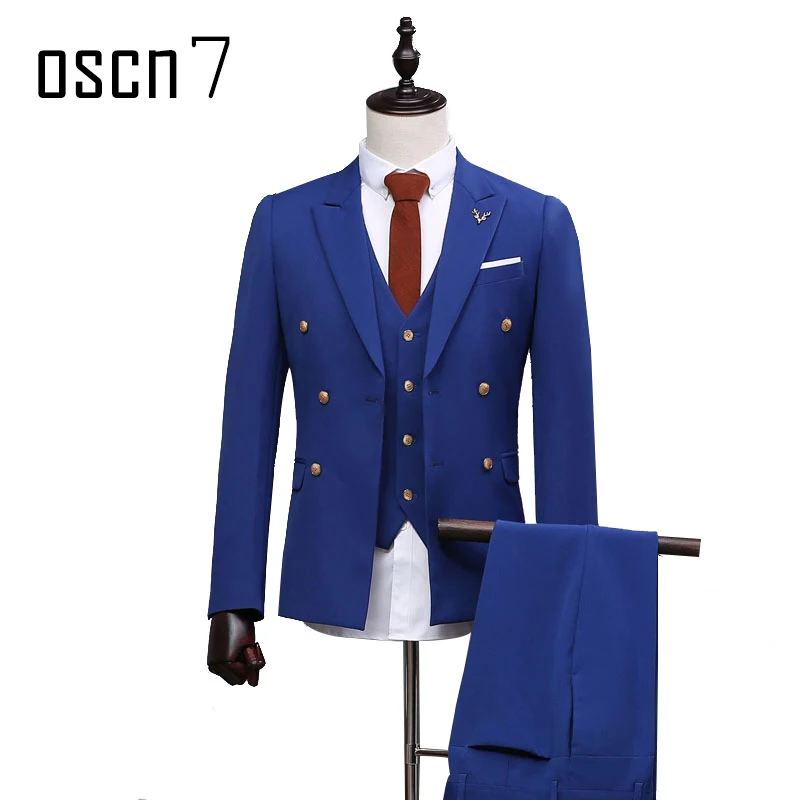 

OSCN7 Blue Double Breasted Tailor Made Suits Gentleman Wedding 3 Pcs Custom Made Suit for Men Plus Size Casual Ternos Masculino