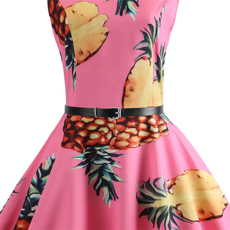 Kostlich Women O-Neck Pineapple Printed Big Swing Dress Summer Casual Ladies Dresses Hepburn Vintage Dress With Sashes Plus Size (5)