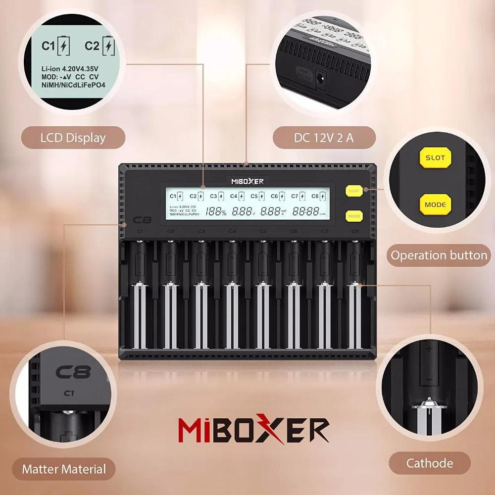 MiBOXER 18650 Батарея Зарядное устройство ЖК-дисплей Дисплей 1.5A для батарей Li-Ion(литий-ионных) LiFePO4 Ni-Cd AA 21700 20700 26650 18350 17670 RCR123 18700