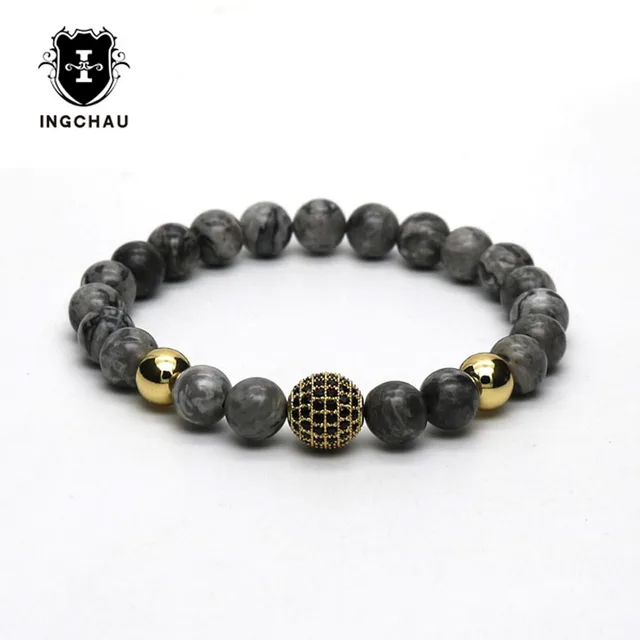 Fashion 8mm Micro Pave Gold Color Disco Ball Bracelet Men Grey Stone Fashion 8mm Micro Pave Gold Color Disco Ball Bracelet Men Grey Stone Bead Bracelets For