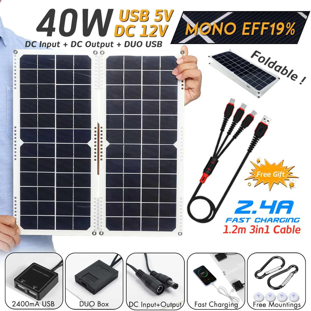 

LEORY Portable New 40W Dual USB 14V Solar Panel with Board Crocodile Clips Ring Binder Spring Foldable Solar Cells Charger