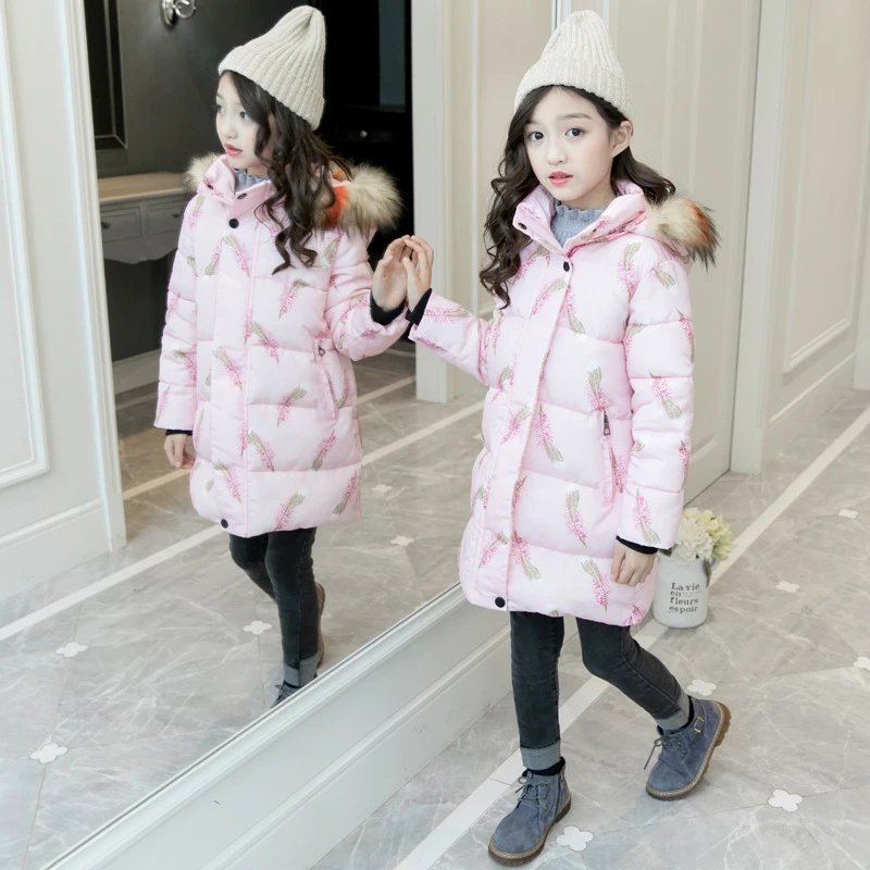  Brand Girls Coats feather printing Jackets Kids Faux Fur Collar Coat Baby Girl Children Winter Outw