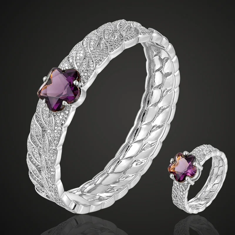 

Zlxgirl purple Clear cubic zircon flower bangle & ring sets for women bridal accessory women's brand copper bangle and ring sets