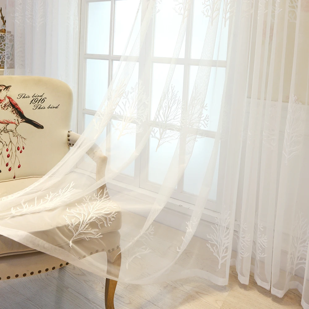 Window living tree white trees embroidered voile room curtains for living room curtain drapes tulle sheer window A951 (3)