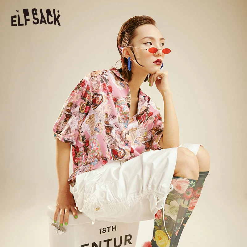  ELFSACK Floral Women Shirt Vintage Turn-down Collar Print Female Blouses 2019 Summer Fashion Street