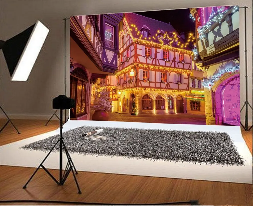 

Photography Backdrop Happy New Year French City Colmar on Christmas Eve Street Scene Fairy Light House Photo Background
