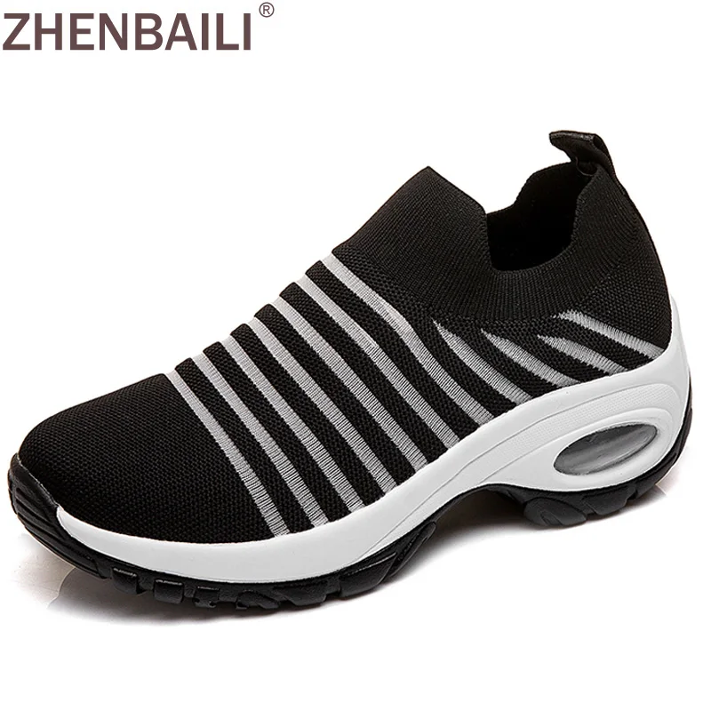 

ZHENBAILI Plus Size 42 Women Sneakers Flat Platform Trainer Summer Casual Breathable Mesh Knit Slip On Female Sock Shoes Chunky